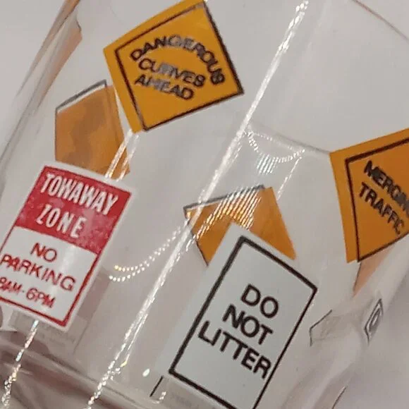 Barware Traffic Roadway Street Signs Drinking GLASSES 8 OZ 3.5" Set of 3 MCM - Picture 2 of 9